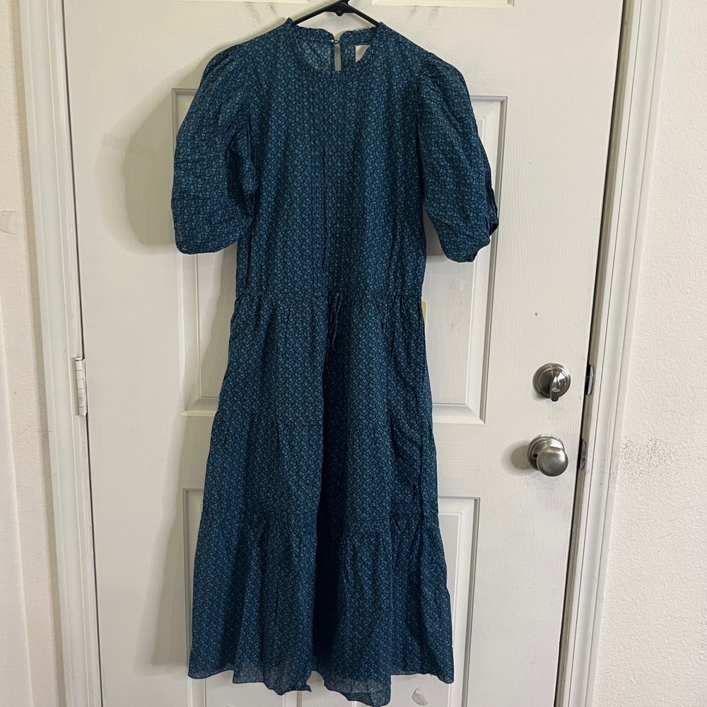 Trovata Birds of Paradis Floral Midi Dress XS Blue Tiered Puff Sleeve Drawstring